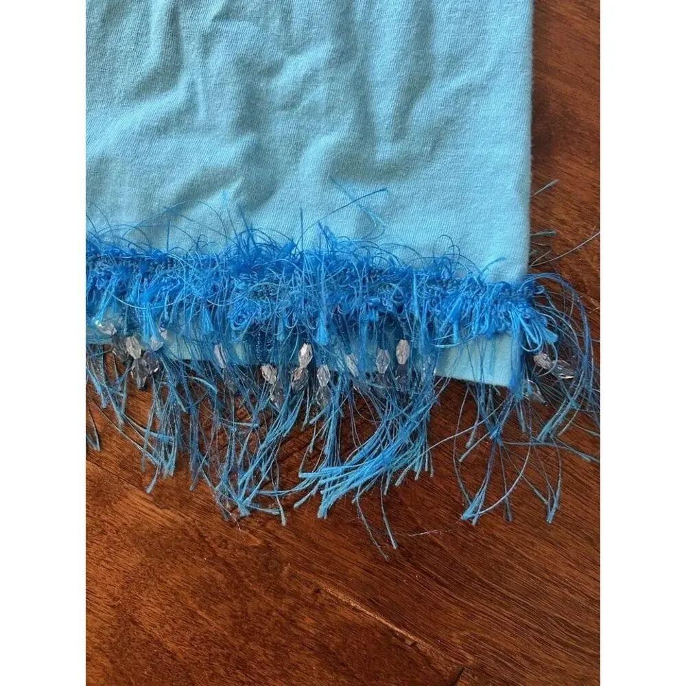 Vintage LAT‎ XL Blue Flower Beaded Tassel Pocket Tee T-Shirt